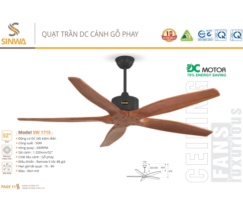 QUẠT TRẦN DC CÁNH GỖ PHAY SW 1715