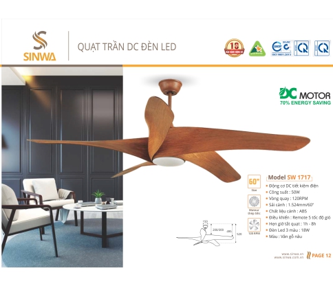 QUẠT TRẦN DC ĐÈN LED SW 1717
