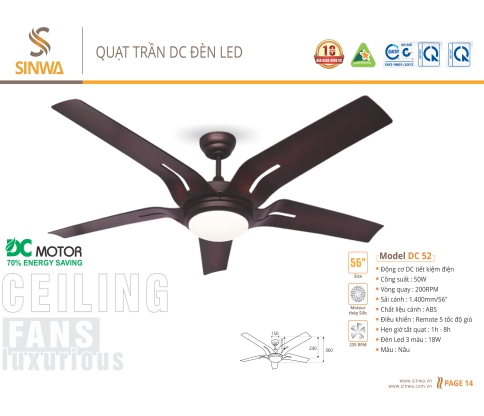 QUẠT TRẦN DC ĐÈN LED DC 52