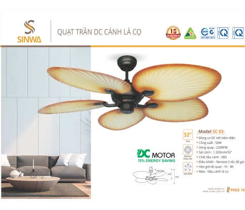 QUẠT TRẦN DC CÁNH LÁ CỌ SC 03