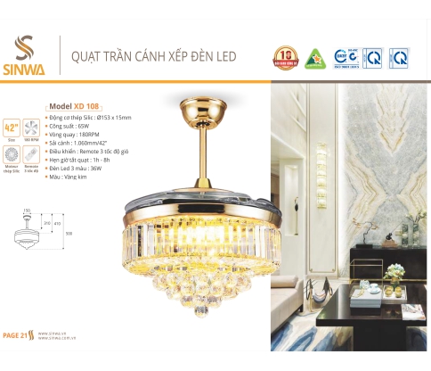 QUẠT TRẦN CÁNH XẾP ĐÈN LED XD 108