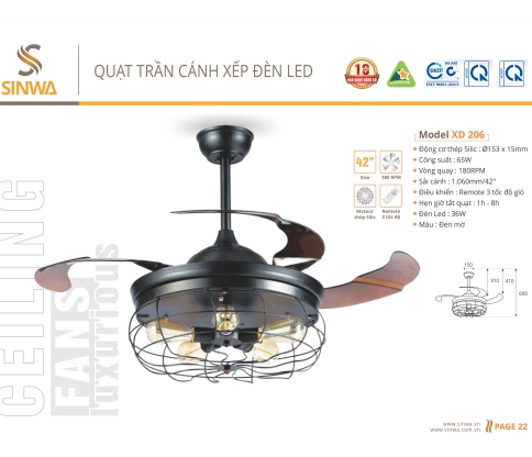 QUẠT TRẦN CÁNH XẾP ĐÈN LED XD 206