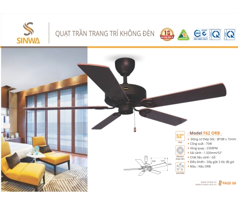 QUẠT TRẦN TRANG TRÍ KHÔNG ĐÈN F62 - ORB