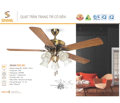 QUẠT TRẦN TRANG TRÍ CÓ ĐÈN F622 - AB