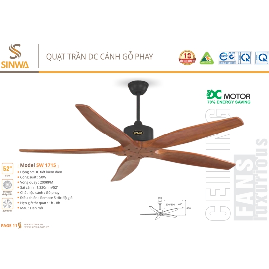 QUẠT TRẦN DC CÁNH GỖ PHAY SW 1715