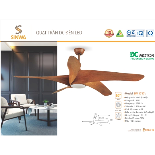 QUẠT TRẦN DC ĐÈN LED SW 1717