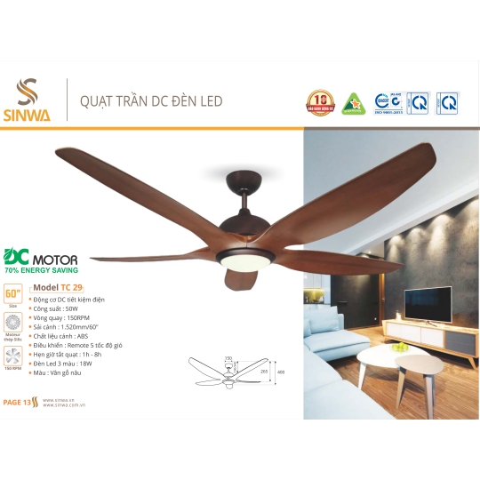 QUẠT TRẦN DC ĐÈN LED TC 29