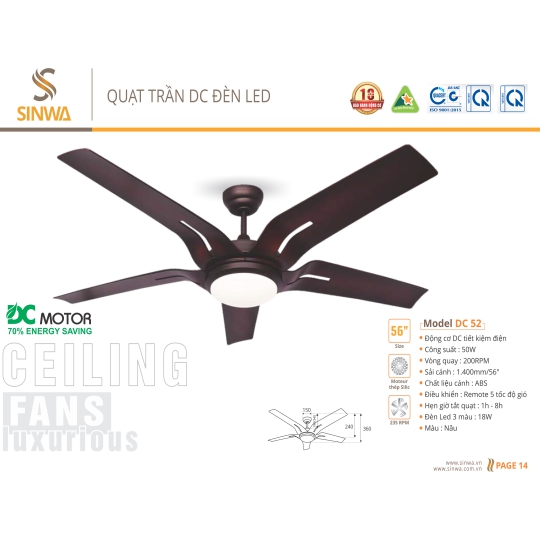 QUẠT TRẦN DC ĐÈN LED DC 52