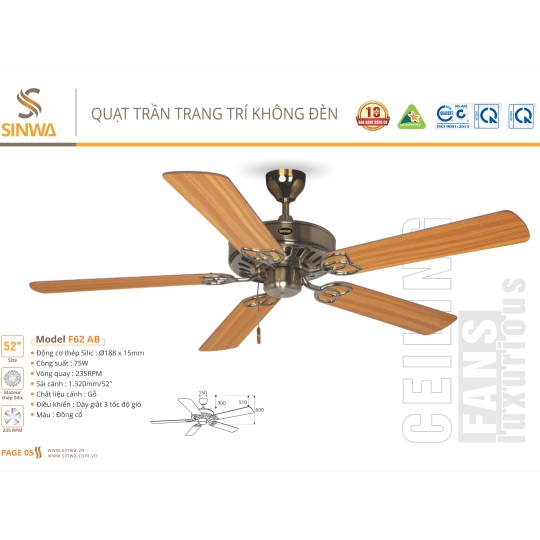 QUẠT TRẦN TRANG TRÍ KHÔNG ĐÈN