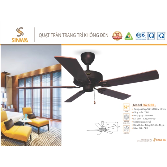QUẠT TRẦN TRANG TRÍ KHÔNG ĐÈN F62 - ORB