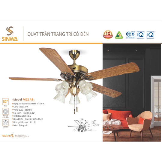 QUẠT TRẦN TRANG TRÍ CÓ ĐÈN F622 - AB