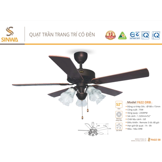 QUẠT TRẦN TRANG TRÍ CÓ ĐÈN F622 - ORB